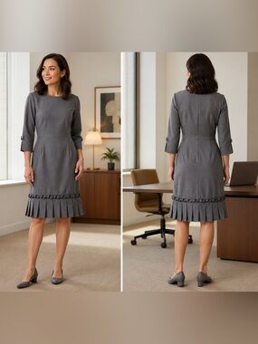 Tahari Women's Gray 3/4 split Sleeve Pleated Hem Dress with bow details size 8
